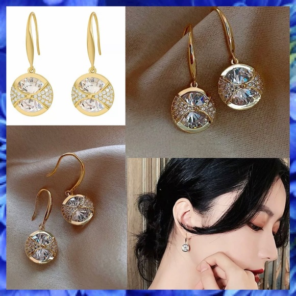 HOT Paved Petite Crystal Dangle Drop Gold Earrings - Picture 1 of 6